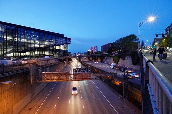 view of the seattle convention center at night