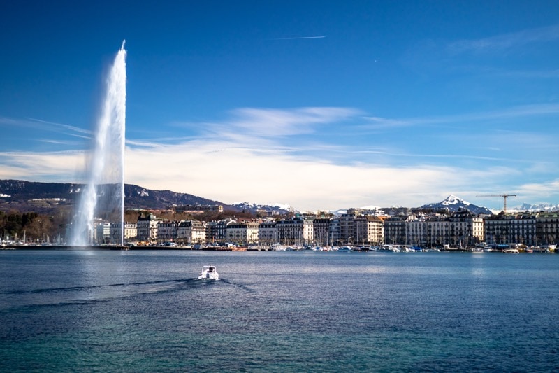 A beautiful morning view of the city of Geneva alongside the river