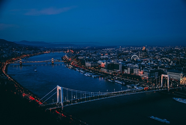 Aerial view of Budapest, Hungary at night.