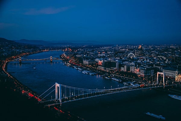 Aerial view of Budapest, Hungary at night.