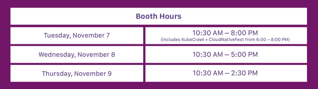 Booth Hours:Tuesday, November 7: 10:30 AM - 8:00 PM (includes KubeCrawl + CloudNativeFest from 6-8 PM)Wednesday, November 8: 10:30 AM - 5:00 PM Thursday, November 9: 10:30 AM - 2:30 PM