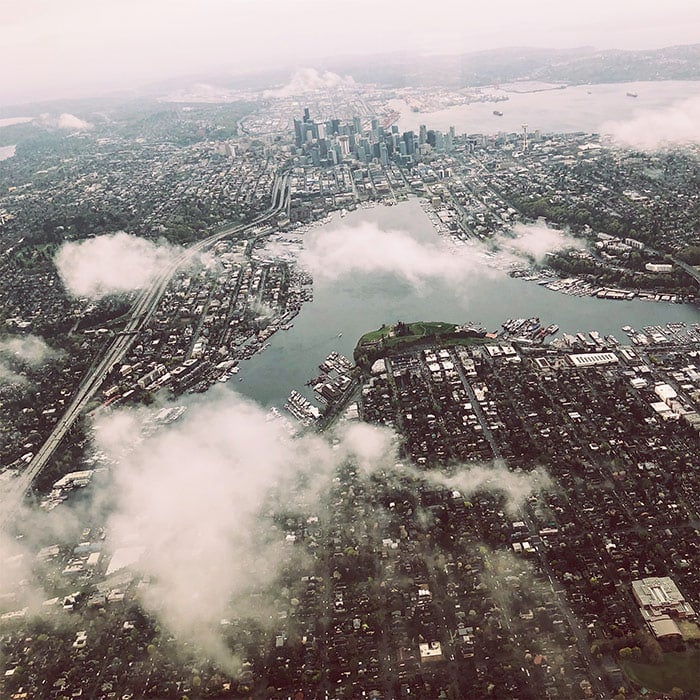 Drone view overlooking Seattle, Washington.