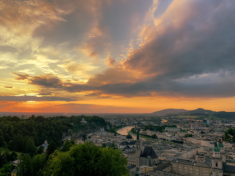 Aerial shot of Salzburg, Austria at sunset.