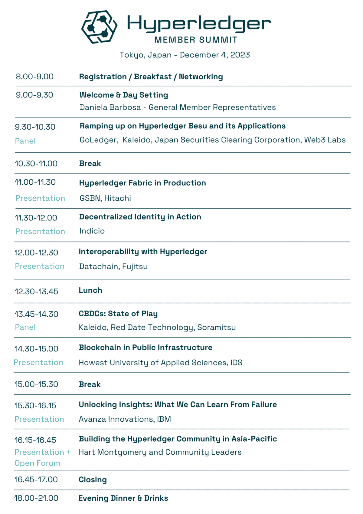 Hyperledger Member Summit Event Programming Poster. Held in Tokyo, Japan - December 4, 2023