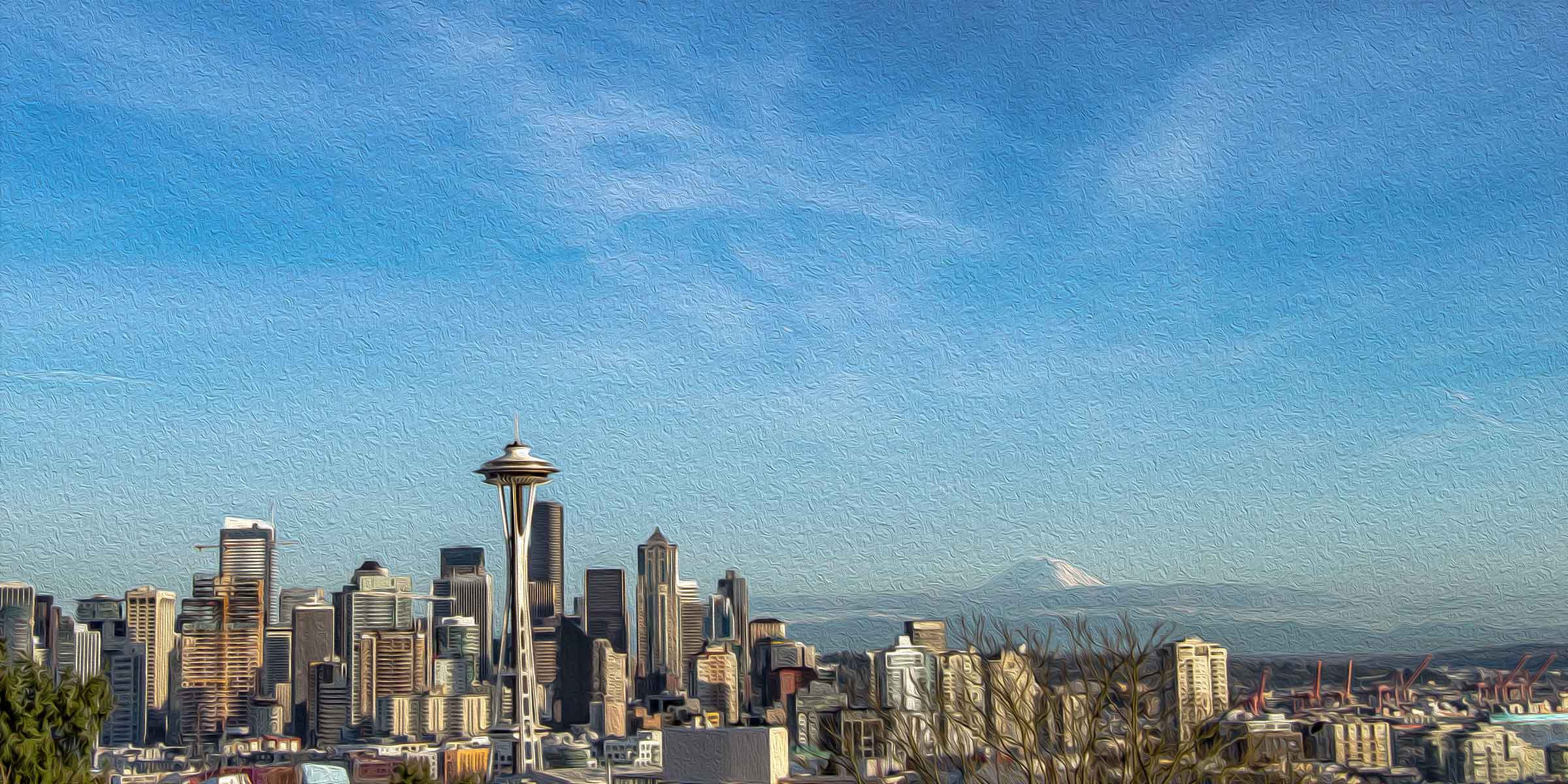 Seattle skyline with Mount Ranier in the background.