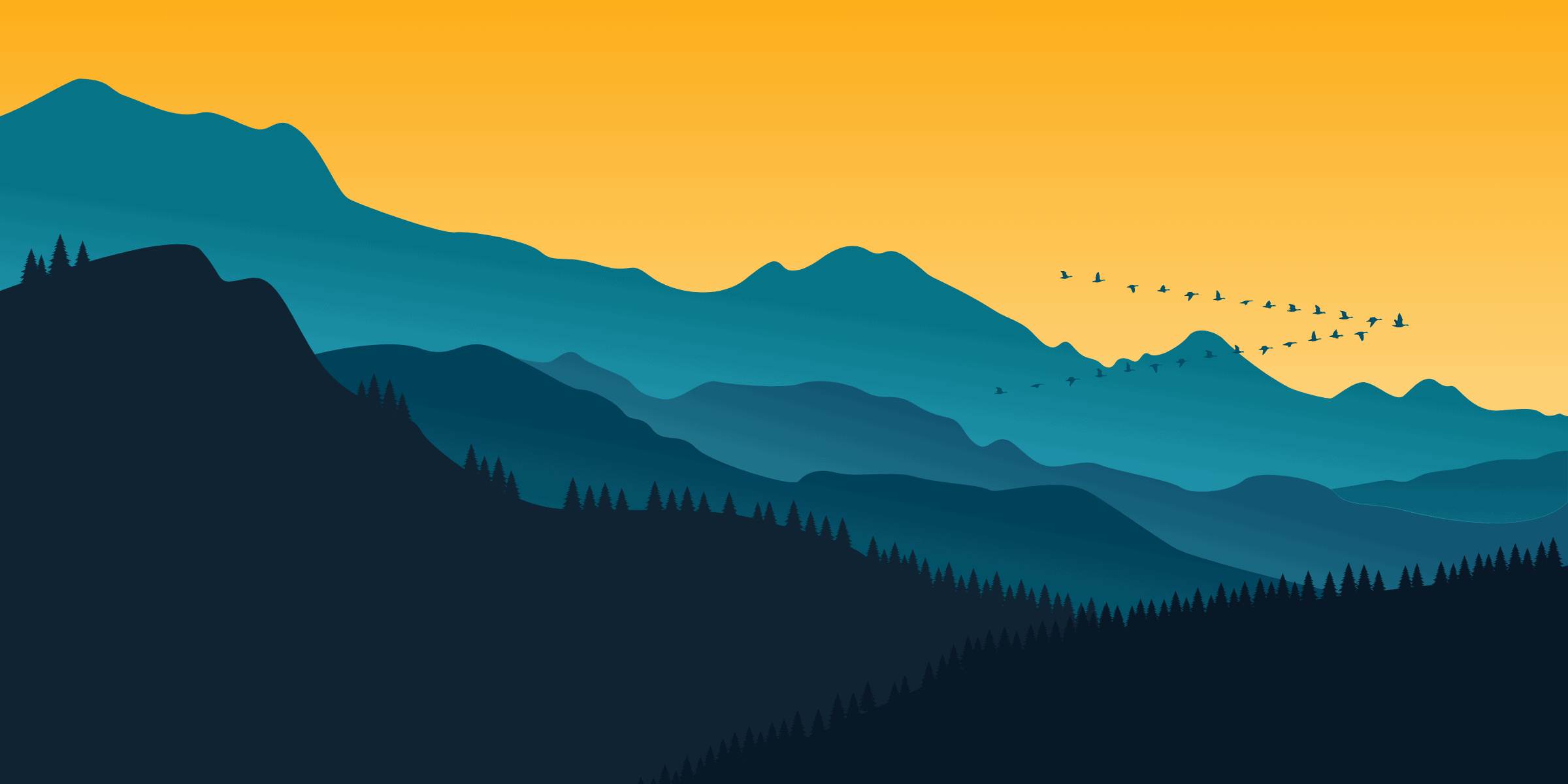 Graphic of blue mountains with an orange sky