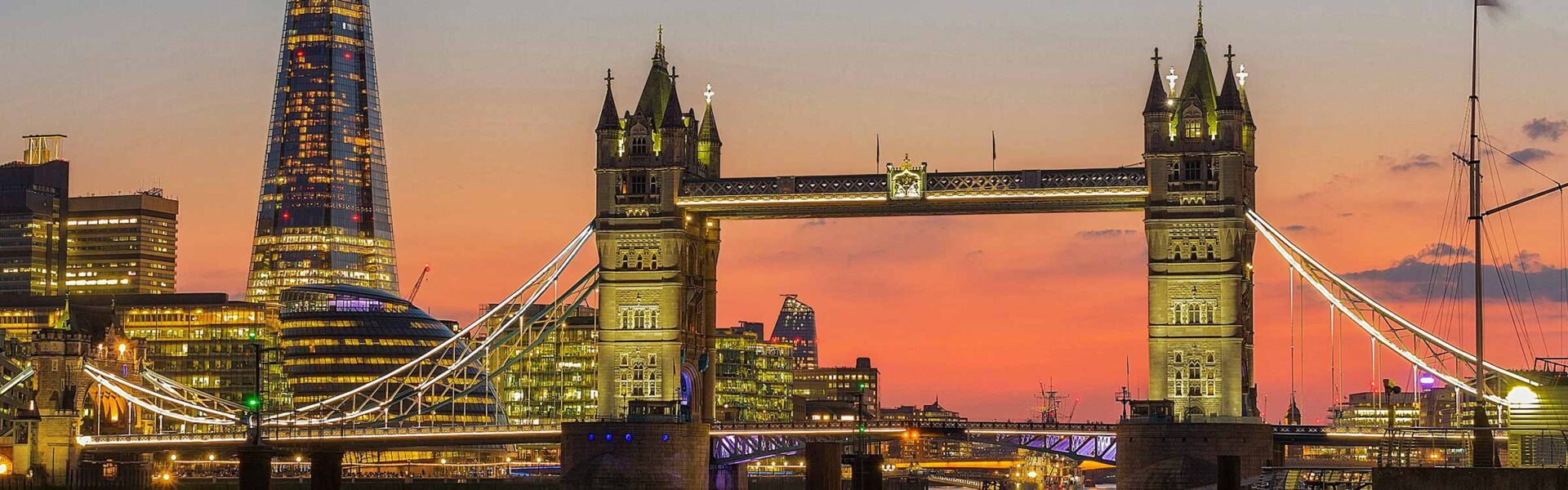 The Tower Bridge in London at sunset.