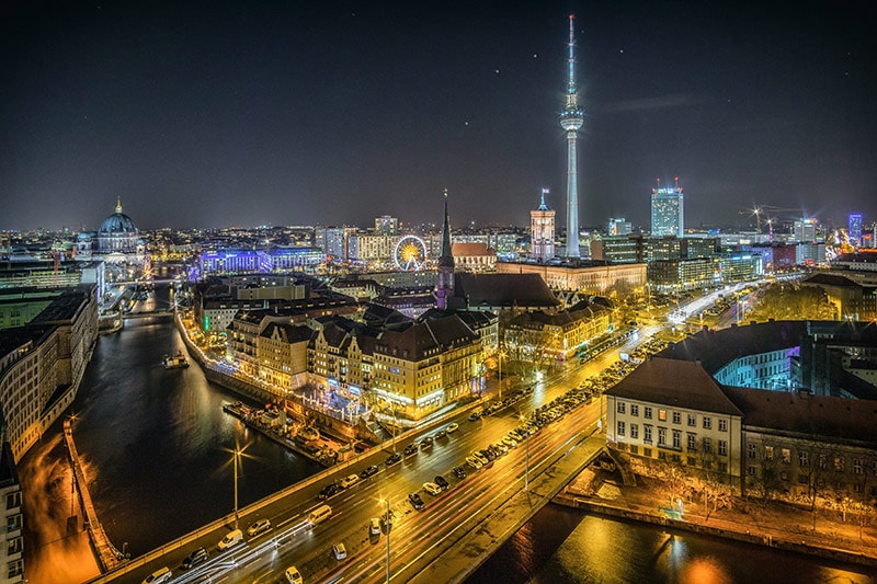 Bird's eye view of Berlin, Germany lit up at night.