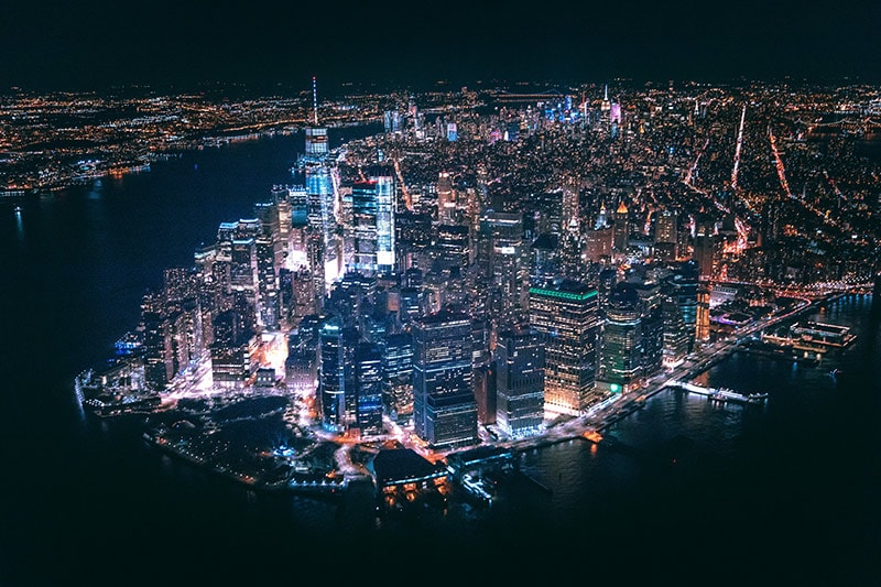 Aerial view of New York City at night.