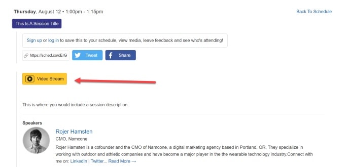 A screenshot of the Sched platform with a red arrow pointing to a yellow button that's placed below the social media icons, and above the session description.