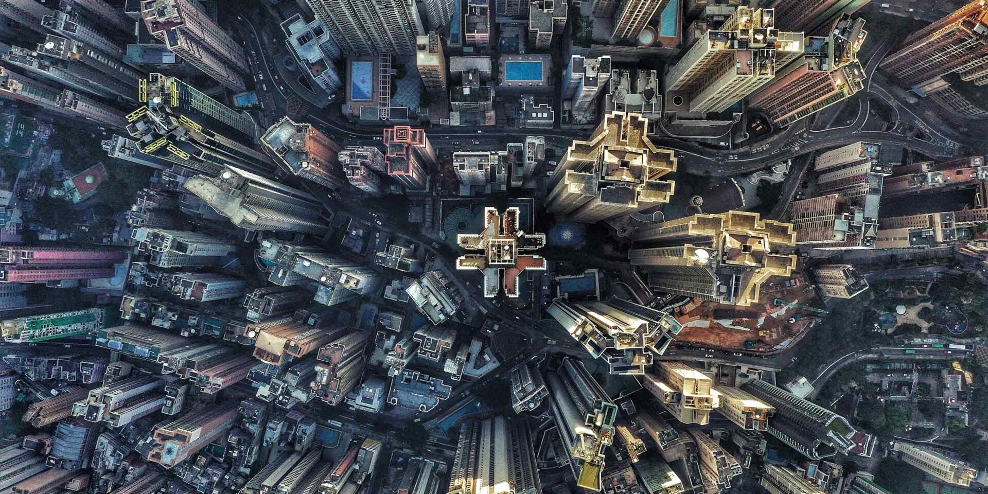Aerial view of Hong Kong looking straight down at the city.