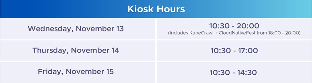 Kiosk Hours:Wednesday, November 13 - 10:30 - 20:00 (includes KubeCrawl + CloudNativeFest from 18:00-20:00)Thursday, November 14 - 10:30 - 17:00Friday, November 15 - 10:30 - 14:30