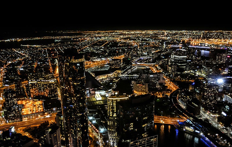 An aerial view of Melbourne at night.