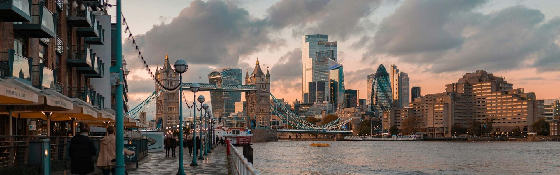 A view of London overlooking the river.