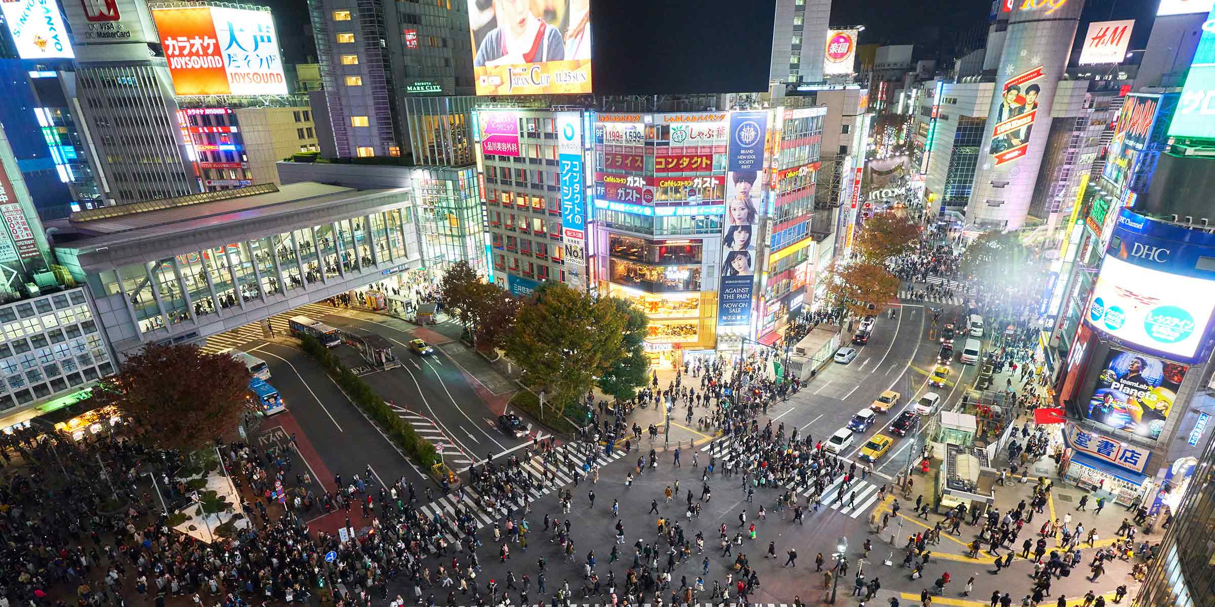 An overhead view of the city of Tokyo with crowds of people on the streets.