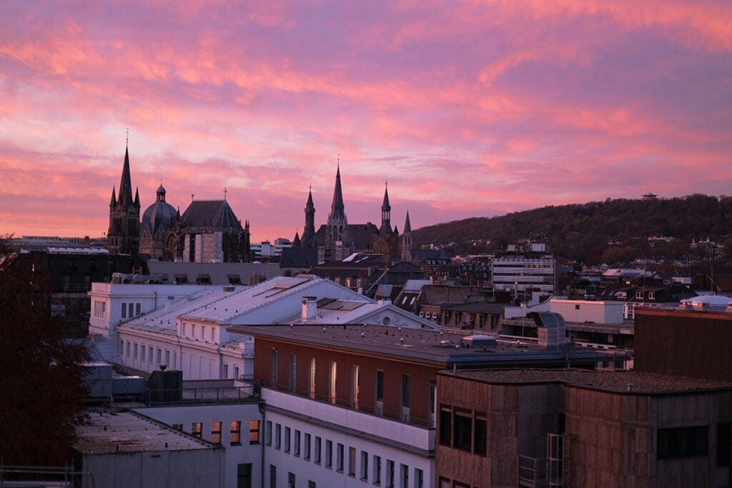 Skyline of Aachen, Germany at sunset.