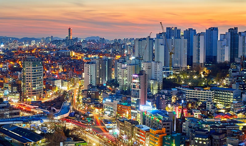 A bird's eye view of Seoul at sunset.