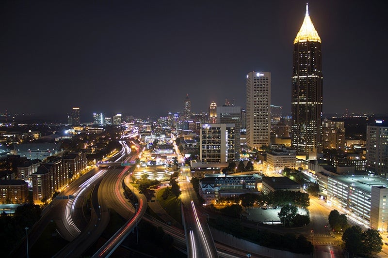 Aerial view of Atlanta, Georgia at night.