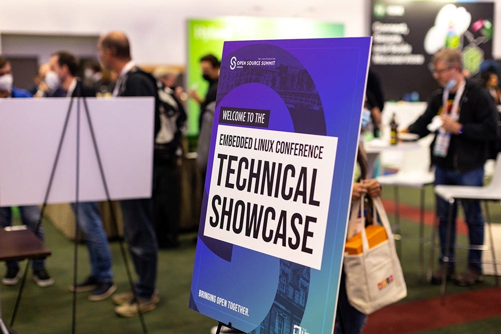 A sign that says Welcome to the Embedded Linux Conference Technical Showcase, with the tagline "Bringing Open Together."