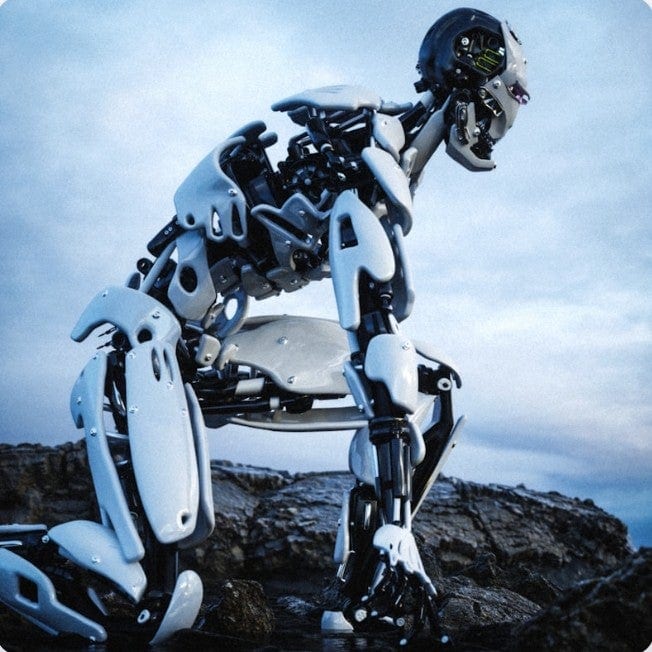 A robot is standing on rock.