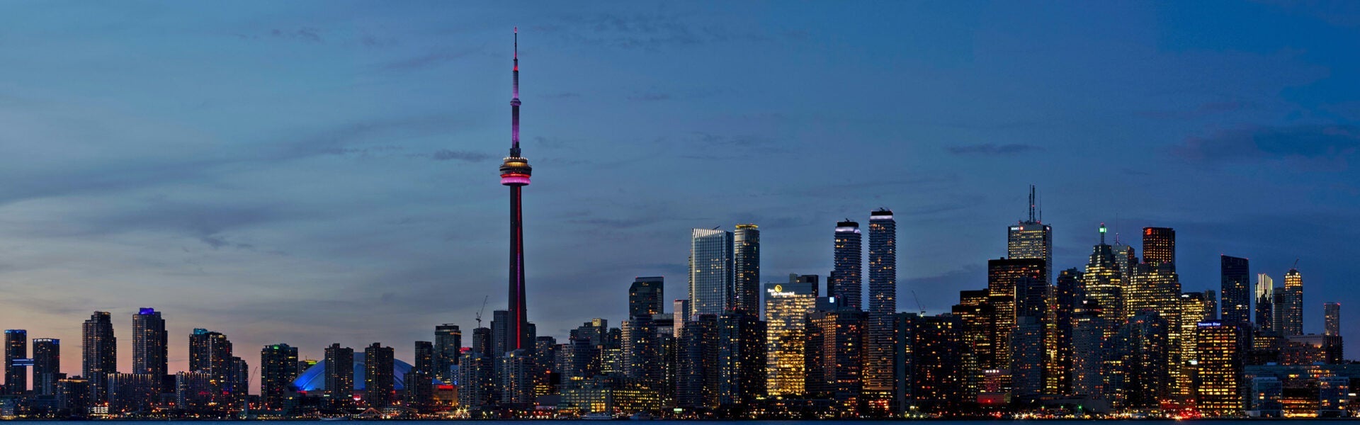 Toronto skyline at dusk.