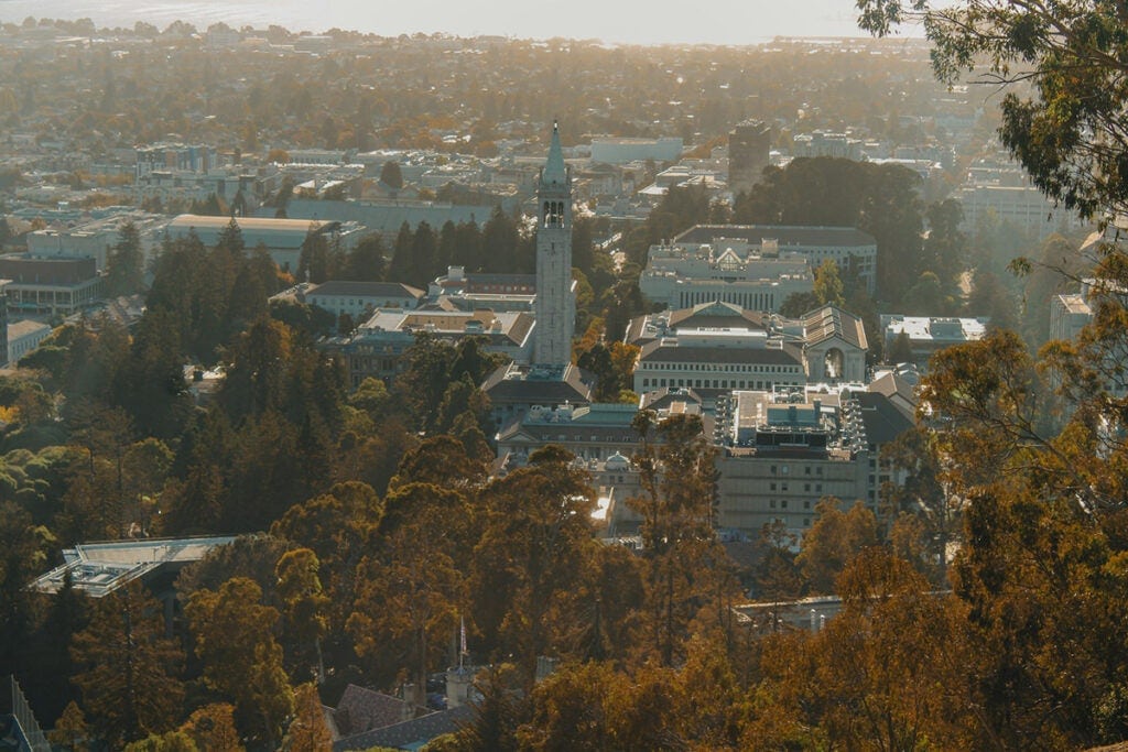 An aerial view of buildings and trees.