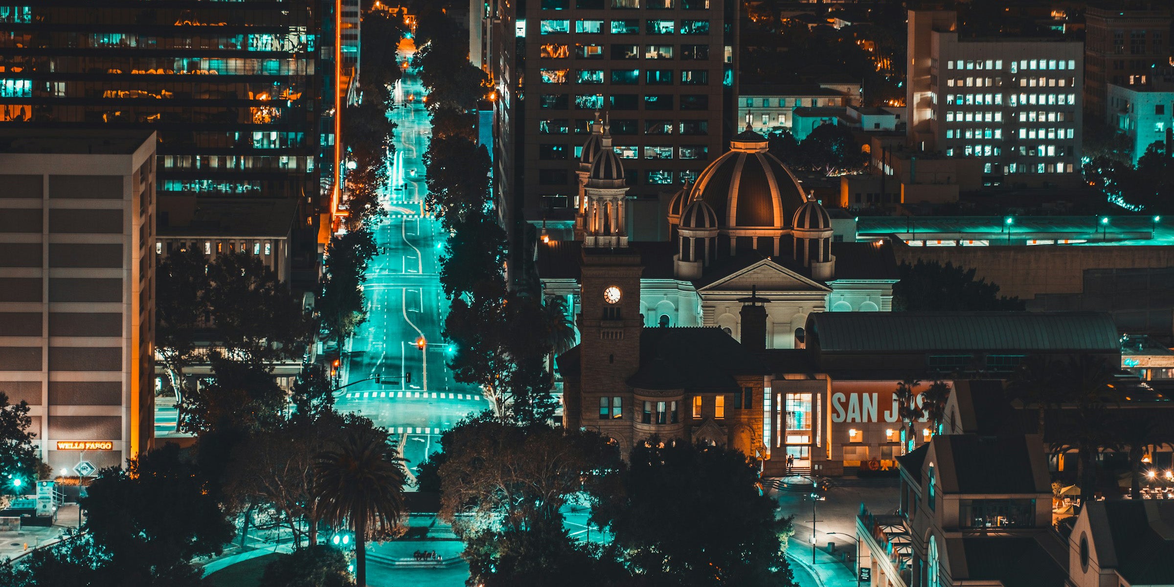 Downtown San Jose, California at night.