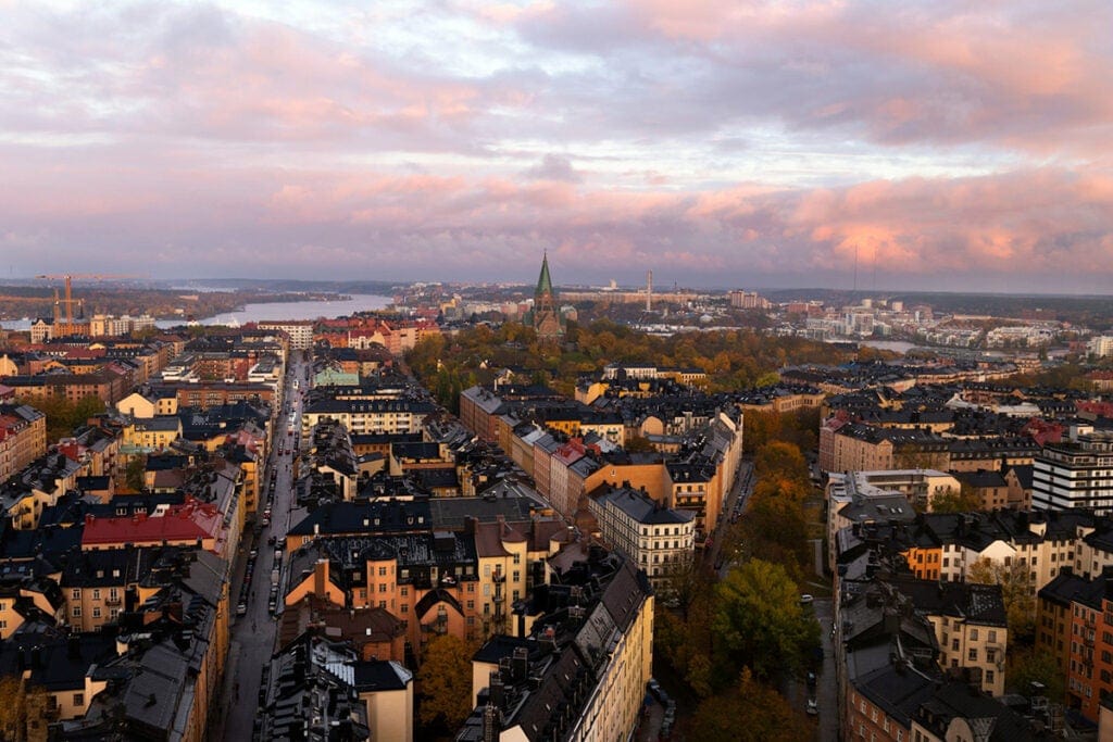 A birds-eye view of Stockholm at sunset.