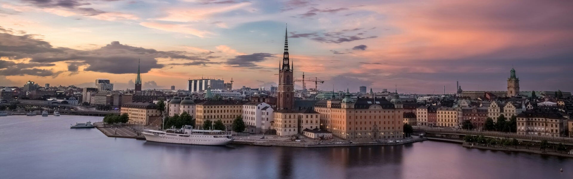The skyline of Stockholm at sunset.