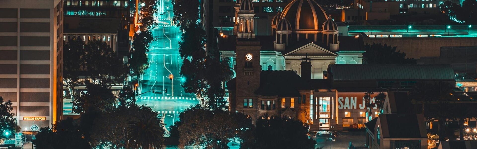 A birds eye view of San Jose at night.