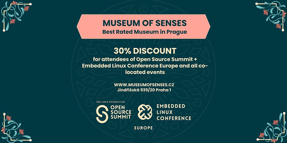 Voucher for the Museum of Senses in Prague offering 30% off admission to Open Source Summit + Embedded Linux Conference Europe attendees and co-located event attendees.